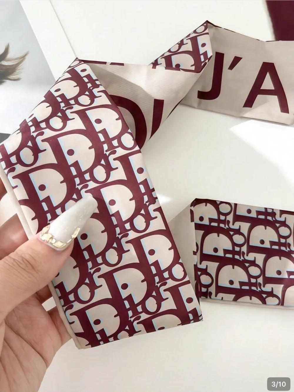 Dior Logo Print Burgundy and White Silk Scarf